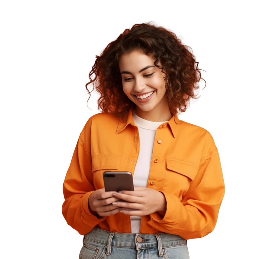 Mulher sorrindo olhando o celular, vestindo jaqueta laranja
